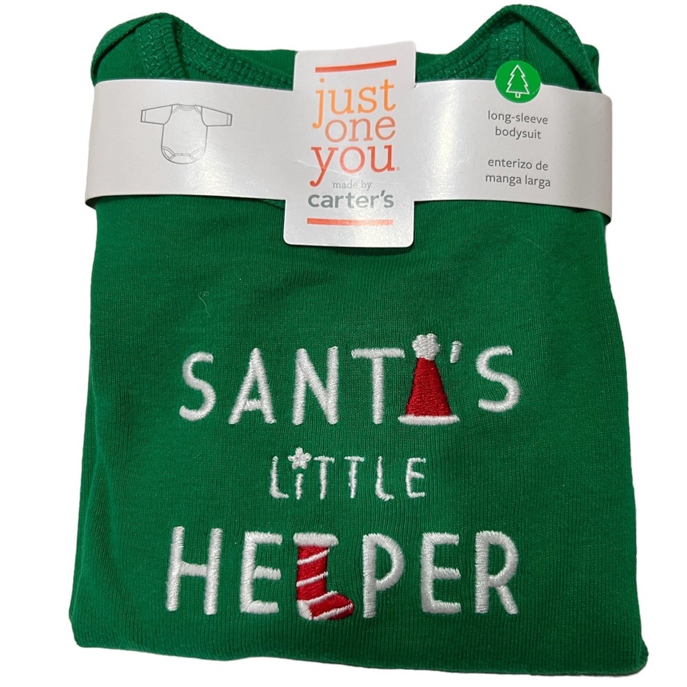 NEW Carters Santa’s Little Helper Long Sleeve Green Bodysuit Candy Cane 12M